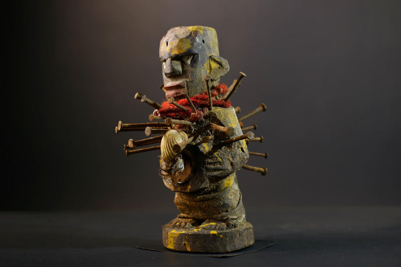 African Kongo Nkisi Nkonde | Nail Fetish Figurine | Hand-Carved Wood Sculpture | Multicolor Tribal Art-G5274
