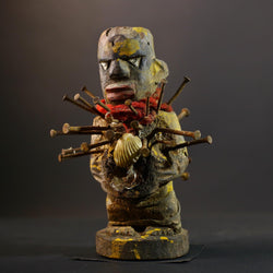 African Kongo Nkisi Nkonde | Nail Fetish Figurine | Hand-Carved Wood Sculpture | Multicolor Tribal Art-G5274