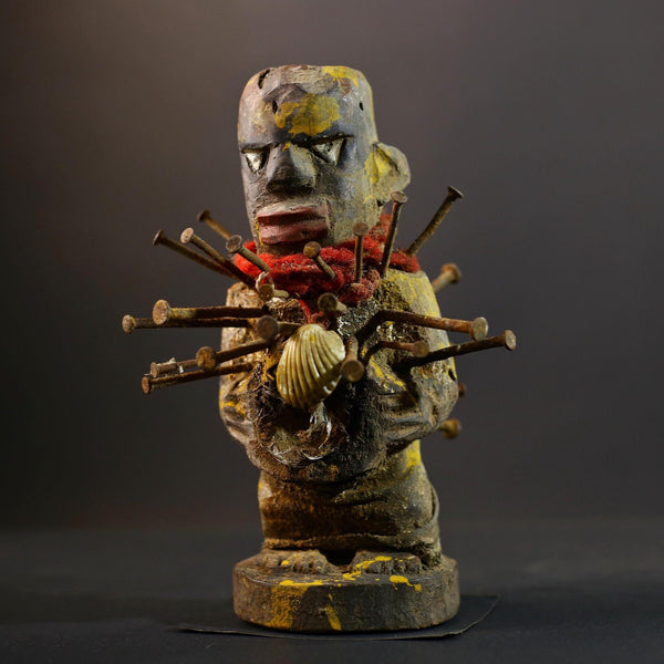 African Kongo Nkisi Nkonde | Nail Fetish Figurine | Hand-Carved Wood Sculpture | Multicolor Tribal Art-G5274