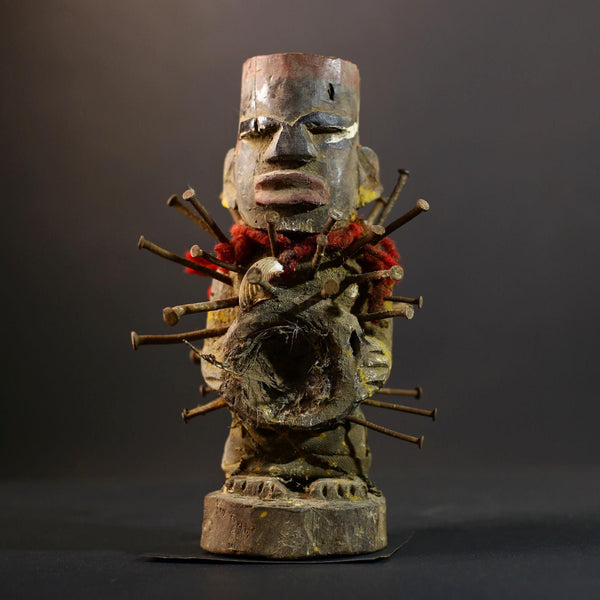 African Kongo Nkisi Nkonde | Nail Fetish Figurine | Hand-Carved Wood Art | Tribal Spiritual Decor | Collectible Sculpture-G5274