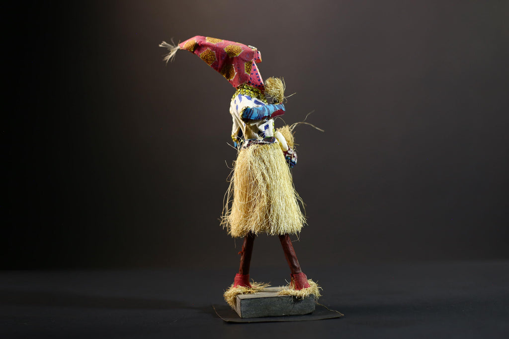 Bamileke Raffia Dance Figure | Handcrafted Cameroon Wood Doll | Tribal Boho African Art-G5287