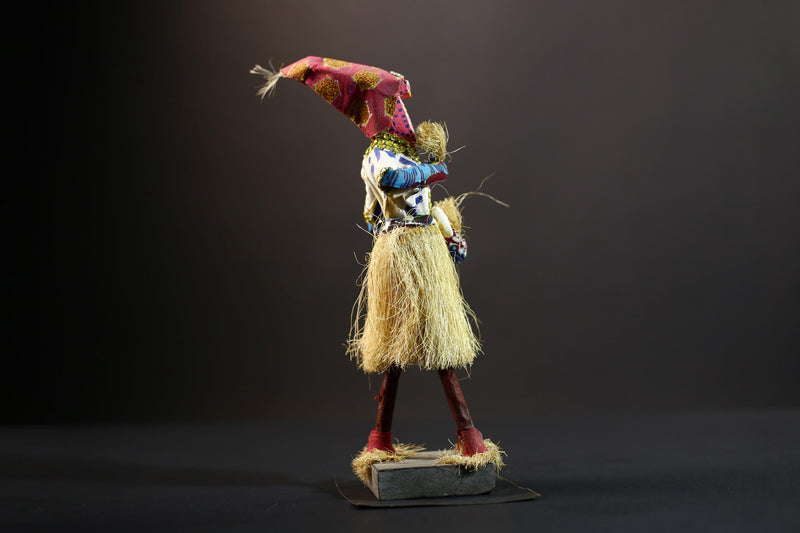Bamileke Raffia Dance Figure | Handcrafted Cameroon Wood Doll | Tribal Boho African Art-G5287