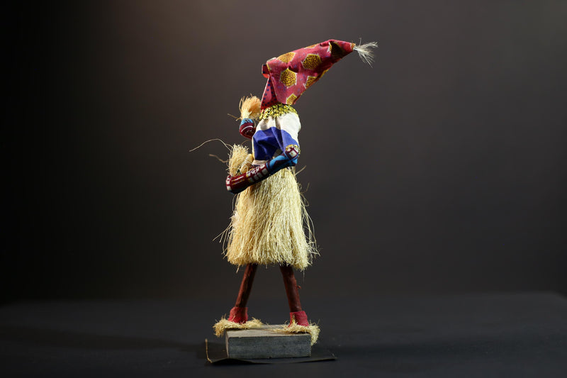 Bamileke Raffia Dance Figure | Handcrafted Cameroon Wood Doll | Tribal Boho African Art-G5287