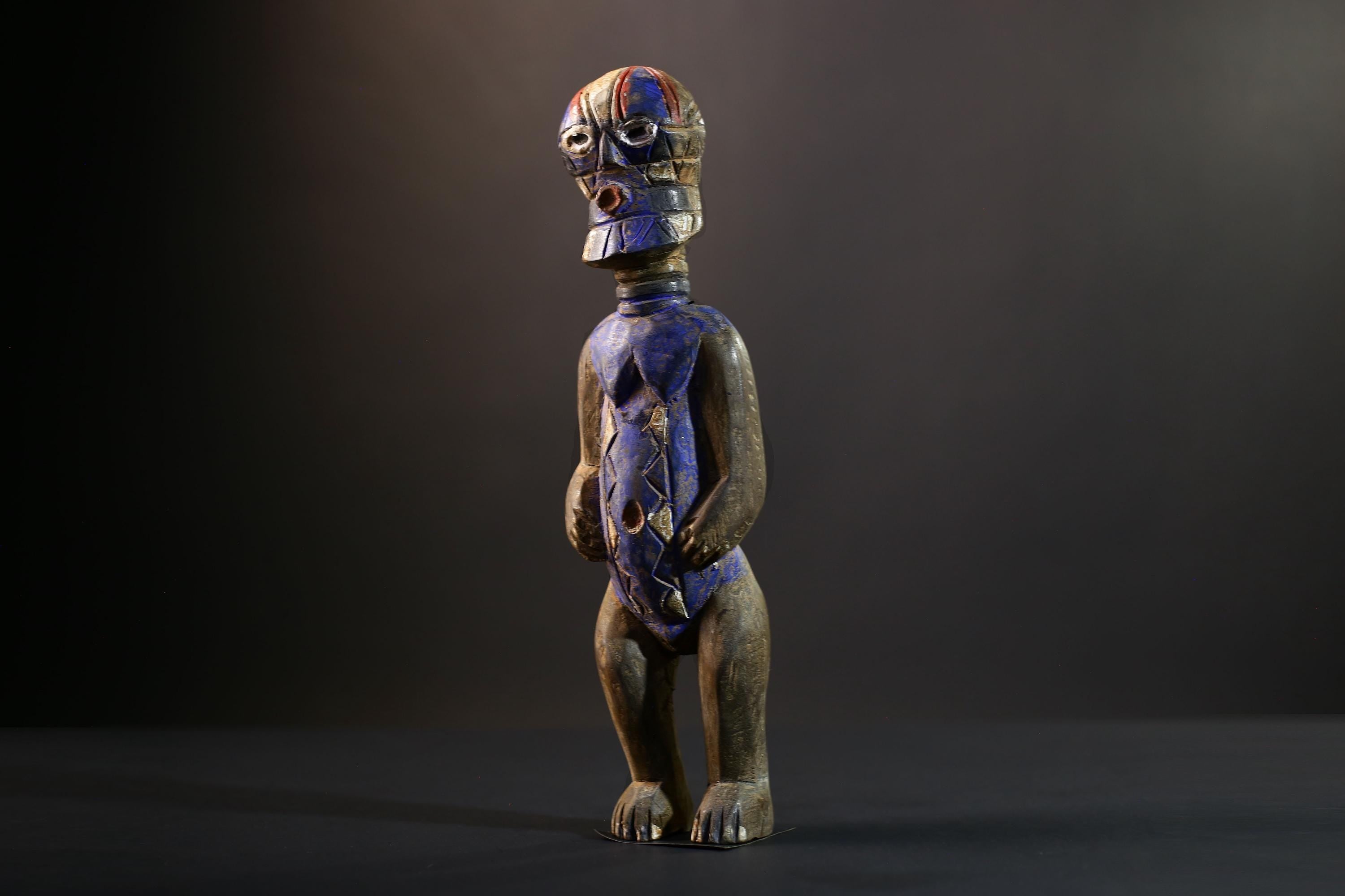 Songye Nkisi Power Figure | Congo Polychrome Wood Sculpture | Tribal Blue Ancestral Art-G5285
