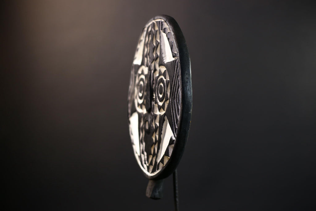 Bwa Round Geometric Mask | Burkina Faso Tribal Wall Art | Black & White Wood Décor-G5282