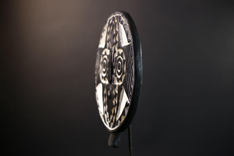 Bwa Round Geometric Mask | Burkina Faso Tribal Wall Art | Black & White Wood Décor-G5282