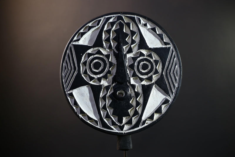 Bwa Round Geometric Mask | Burkina Faso Tribal Wall Art | Black & White Wood Décor-G5282
