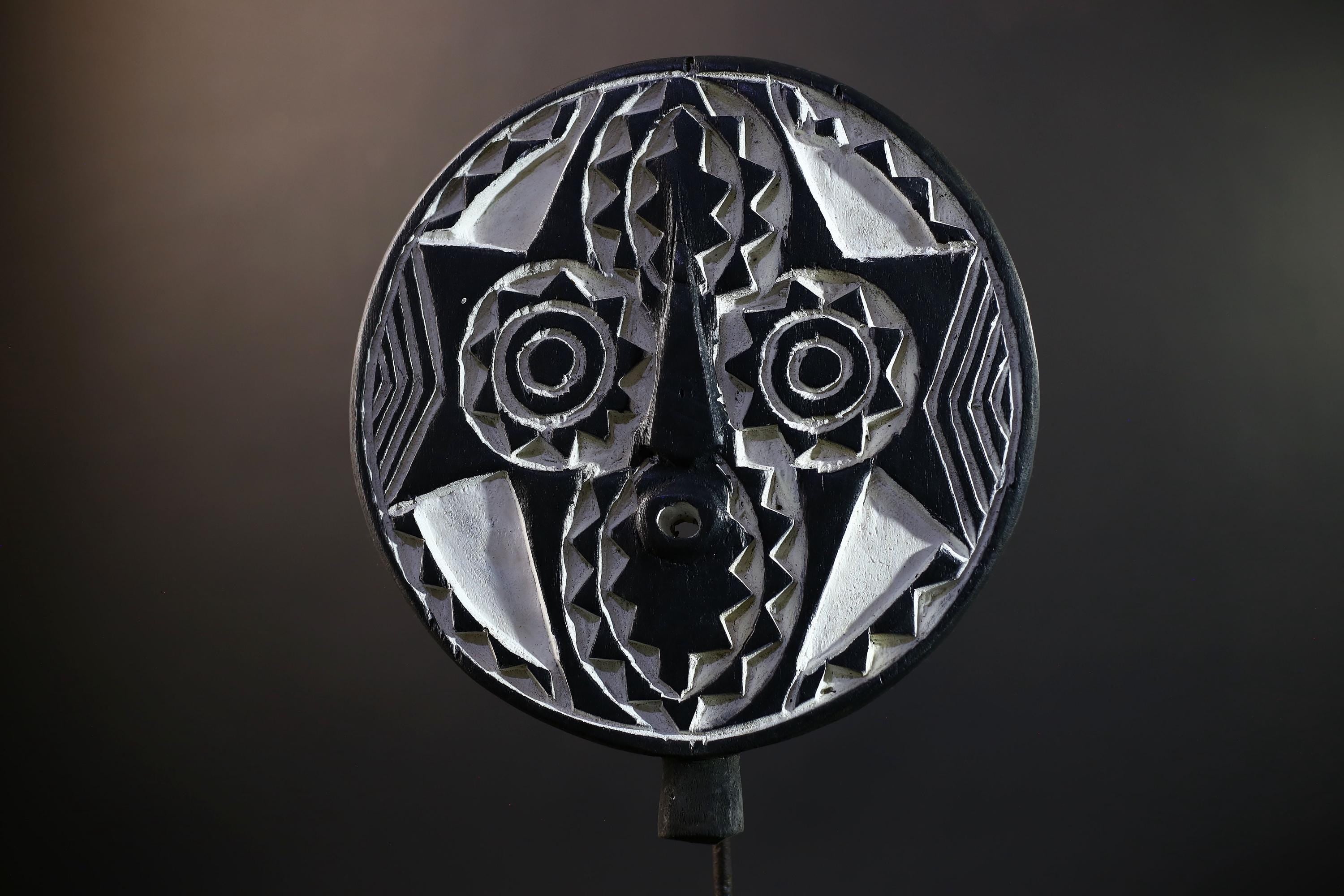 Bwa Round Geometric Mask | Burkina Faso Tribal Wall Art | Black & White Wood Décor-G5282