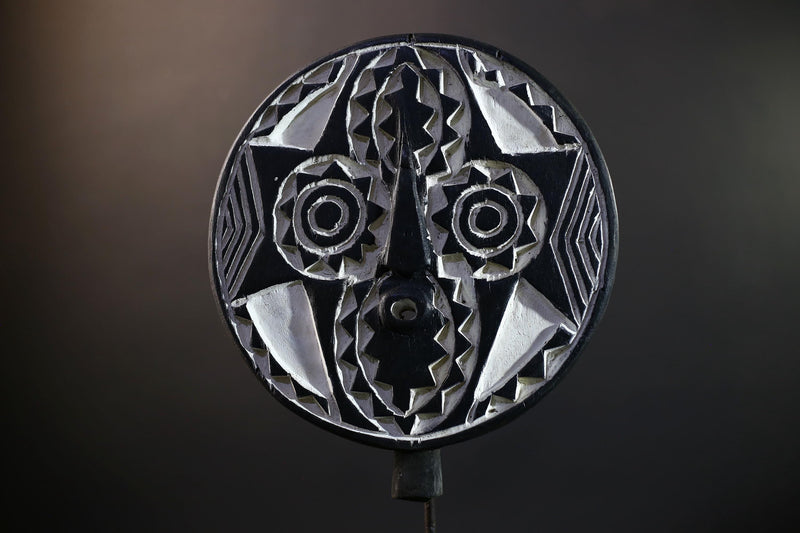Bwa Round Geometric Mask | Burkina Faso Tribal Wall Art | Black & White Wood Décor-G5282