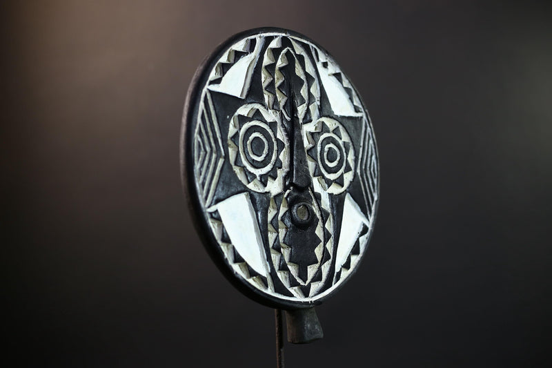 Bwa Round Geometric Mask | Burkina Faso Tribal Wall Art | Black & White Wood Décor-G5282