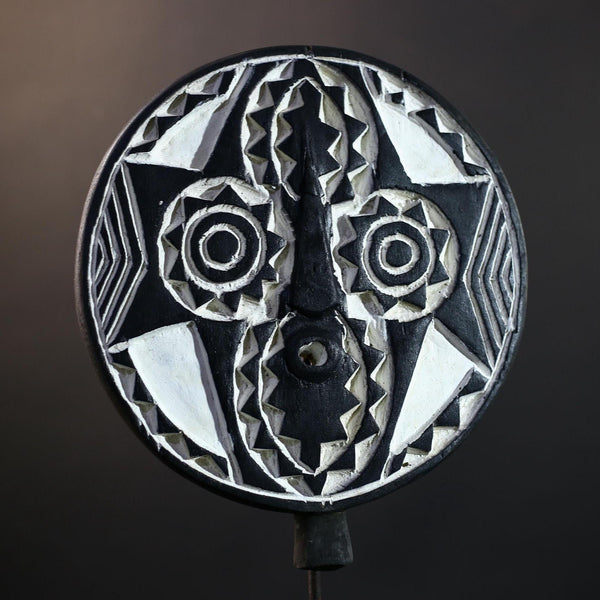 Bwa Round Geometric Mask | Burkina Faso Tribal Wall Art | Black & White Wood Décor-G5282
