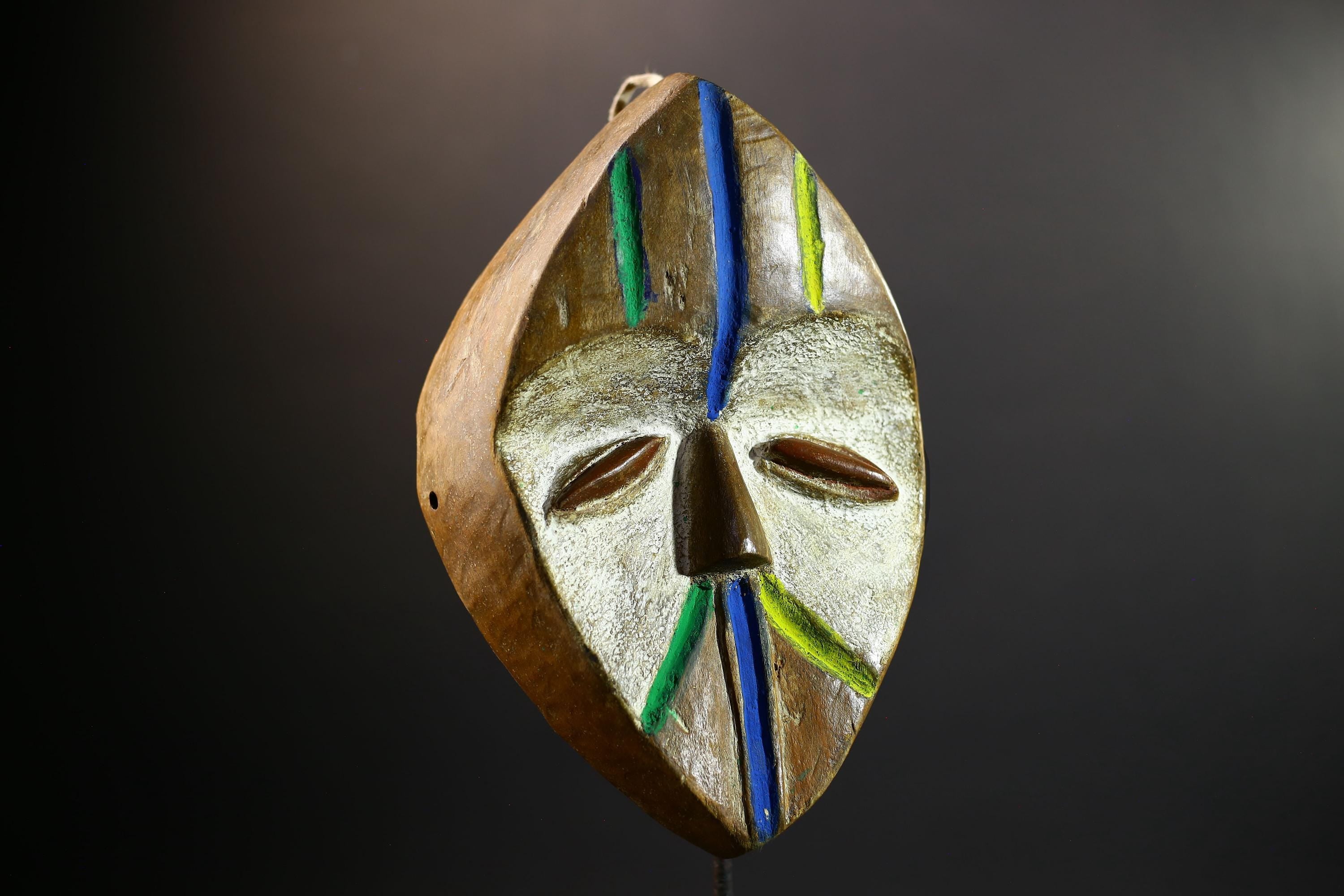 Lega Tribal Mask with Color Accents | Hand Carved African Face Mask | Ethical Wall Art from Congo | Bwami Society Ritual Sculpture-G5297