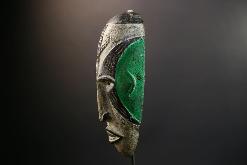 Hand Carved Bega Tribal Mask | African Wall Art with Green Yellow Panels | Elongated Wood Sculpture | West African Painted Decorr-G5293