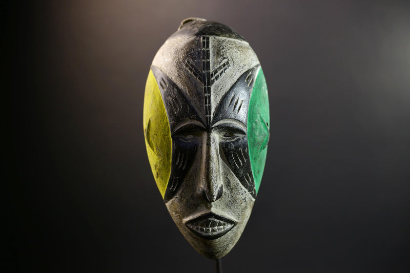 Hand Carved Bega Tribal Mask | African Wall Art with Green Yellow Panels | Elongated Wood Sculpture | West African Painted Decorr-G5293