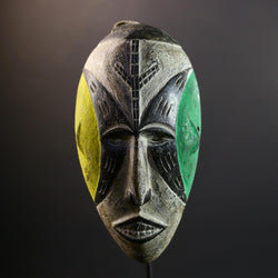 Hand Carved Bega Tribal Mask | African Wall Art with Green Yellow Panels | Elongated Wood Sculpture | West African Painted Decorr-G5293
