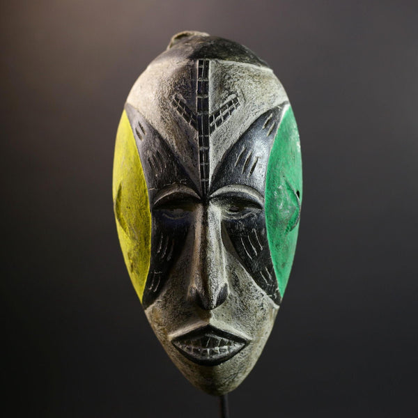 Hand Carved Bega Tribal Mask | African Wall Art with Green Yellow Panels | Elongated Wood Sculpture | West African Painted Decorr-G5293
