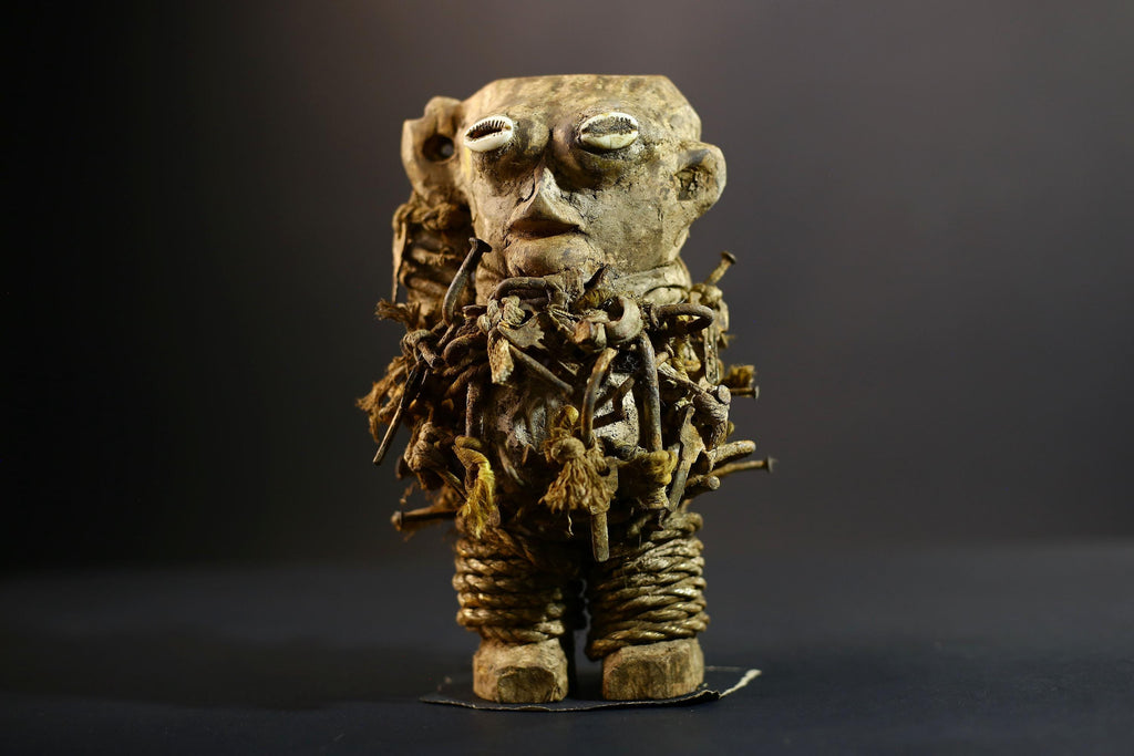 Kongo Nkisi Nkondi Power Figure | African Ritual Sculpture with Nails & Shell Eyes | Spirit Protection Fetish | Central Tribal Art-G5290