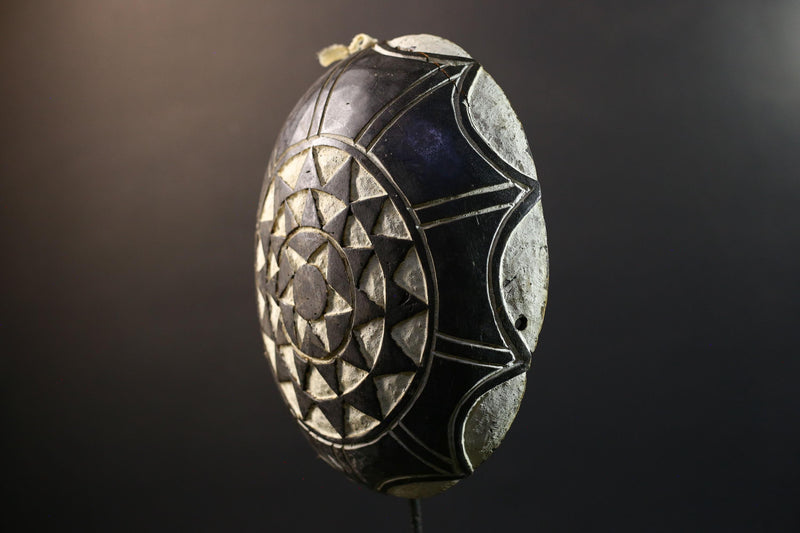 African Bamileke tribal shield wall decor hand carved Cameroon art geometric wood pattern ceremonial ethnic design interior accent-G5362