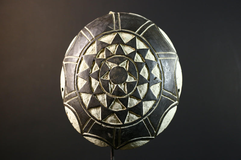 African Bamileke tribal shield wall decor hand carved Cameroon art geometric wood pattern ceremonial ethnic design interior accent-G5362
