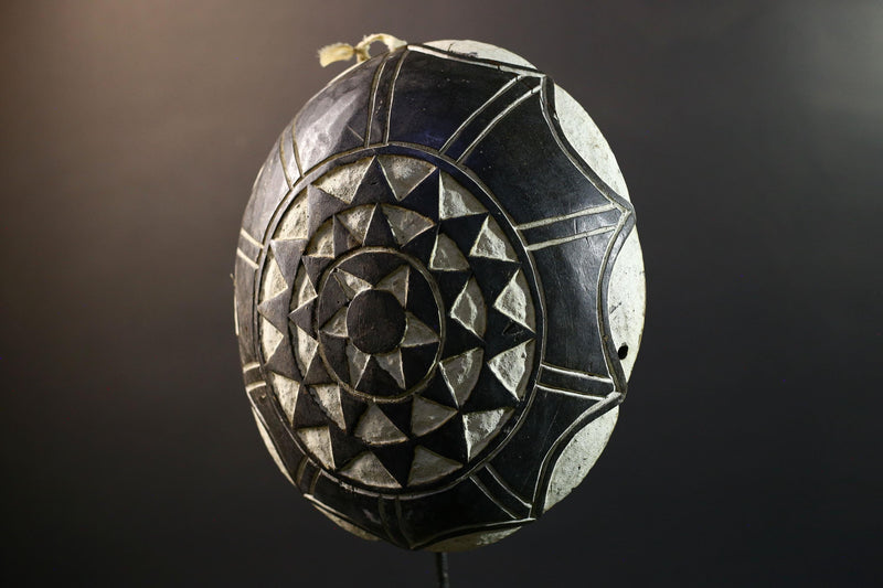 African Bamileke tribal shield wall decor hand carved Cameroon art geometric wood pattern ceremonial ethnic design interior accent-G5362