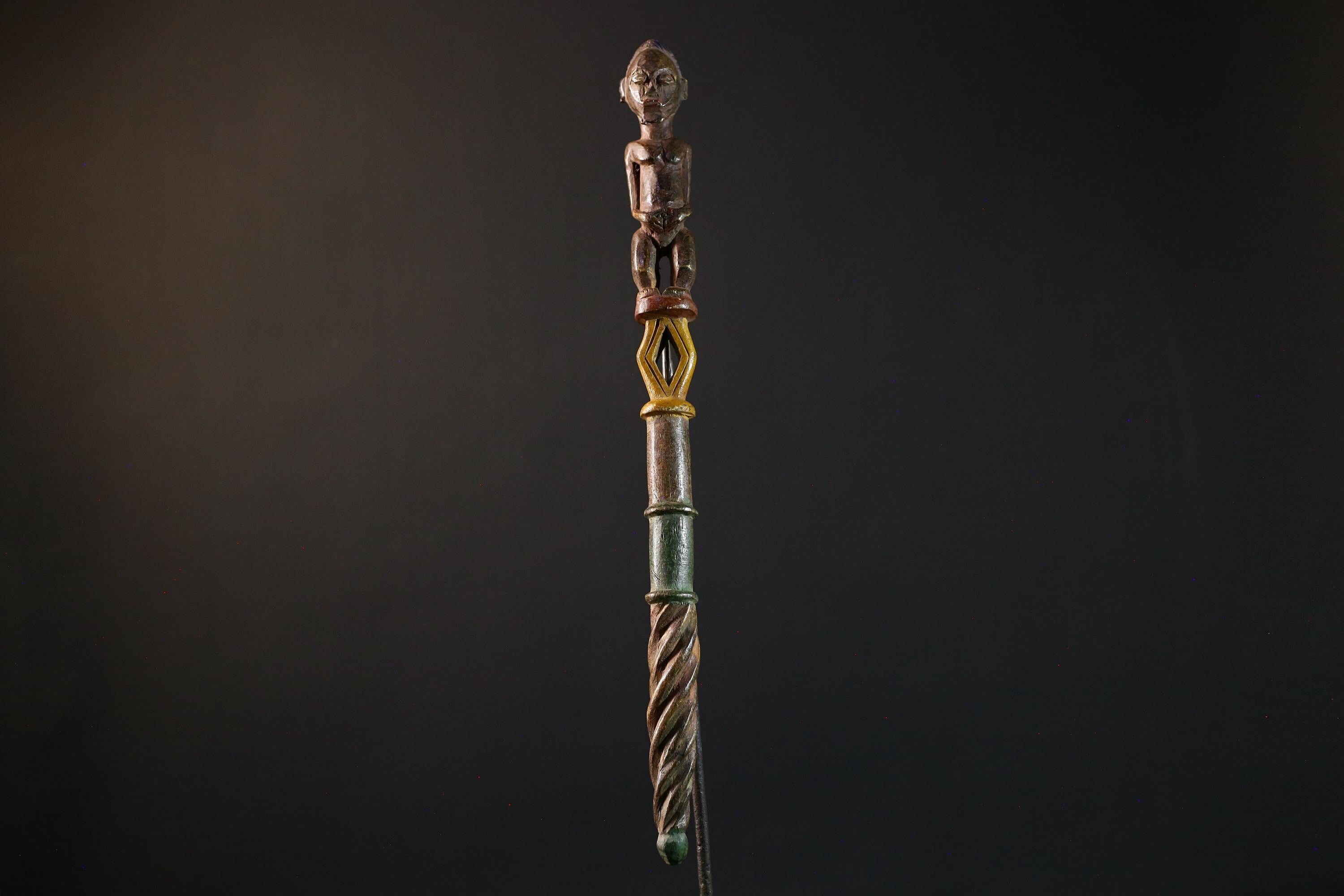 African ceremonial staff carved tribal ritual decor wood sculpture ethnic symbol African figure pole African art primitive stick decor-G5376