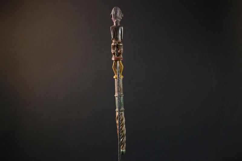 African ceremonial staff carved tribal ritual decor wood sculpture ethnic symbol African figure pole African art primitive stick decor-G5376