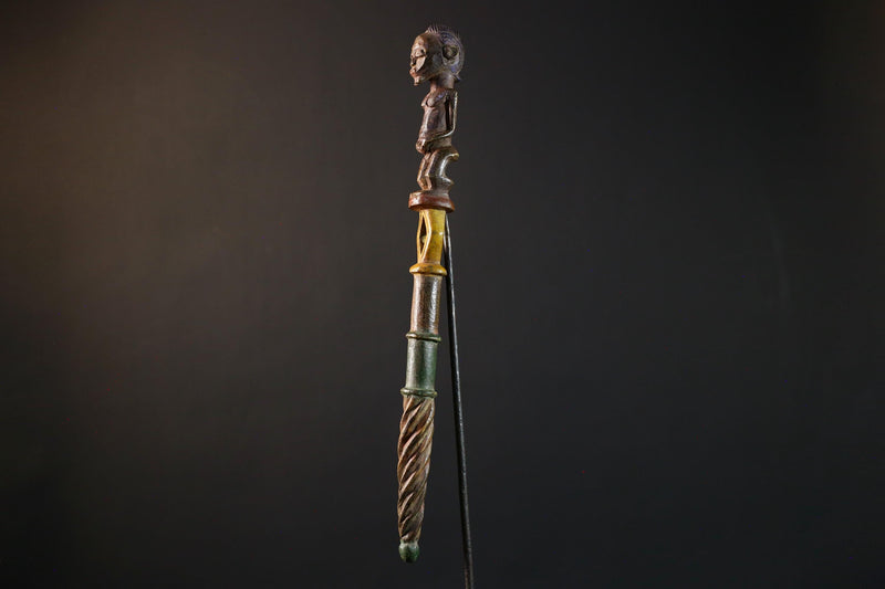 African ceremonial staff carved tribal ritual decor wood sculpture ethnic symbol African figure pole African art primitive stick decor-G5376