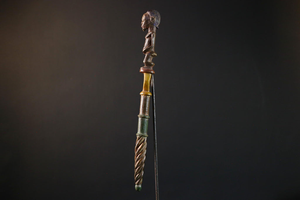 African ceremonial staff carved tribal ritual decor wood sculpture ethnic symbol African figure pole African art primitive stick decor-G5376