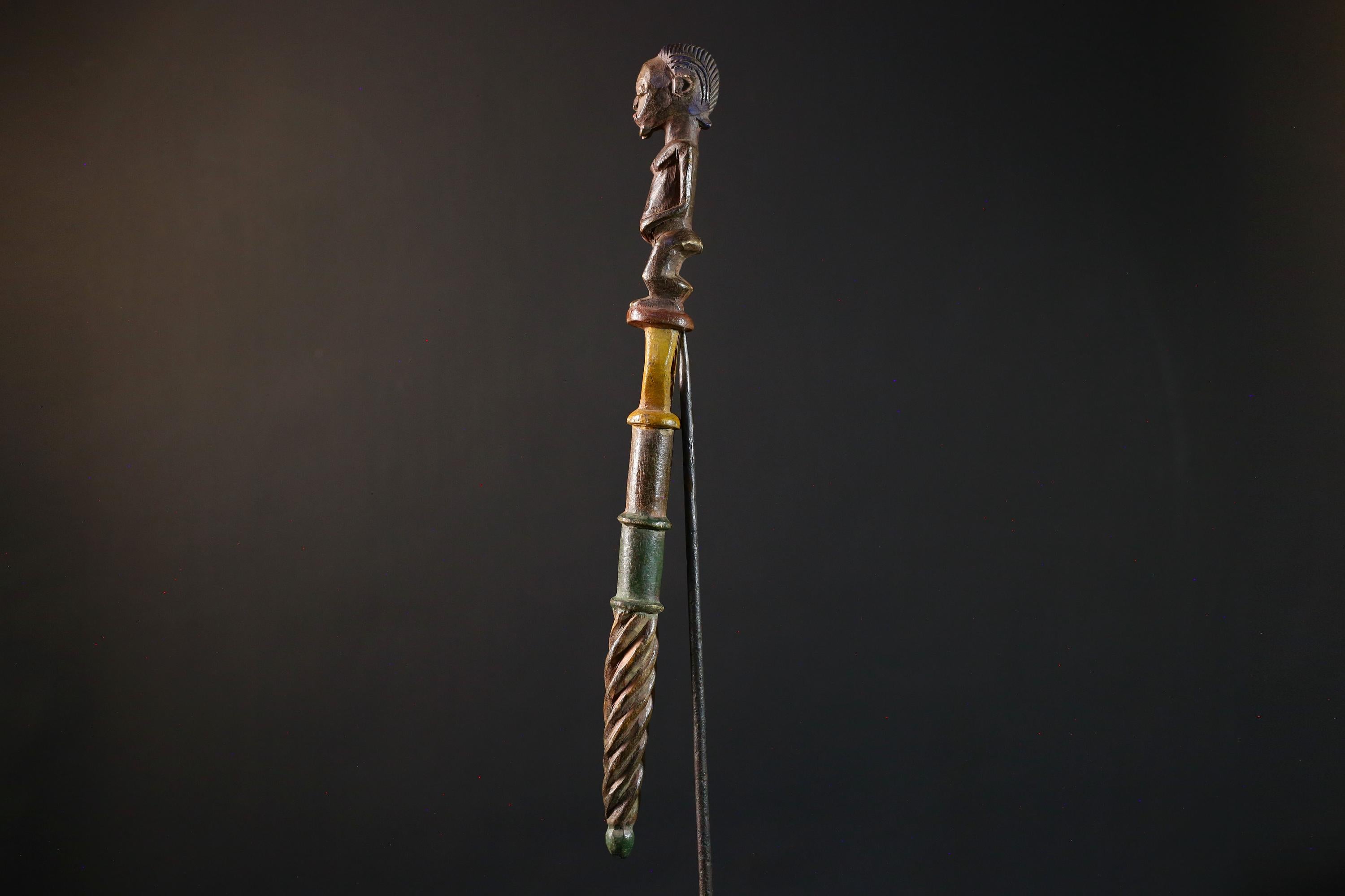 African ceremonial staff carved tribal ritual decor wood sculpture ethnic symbol African figure pole African art primitive stick decor-G5376