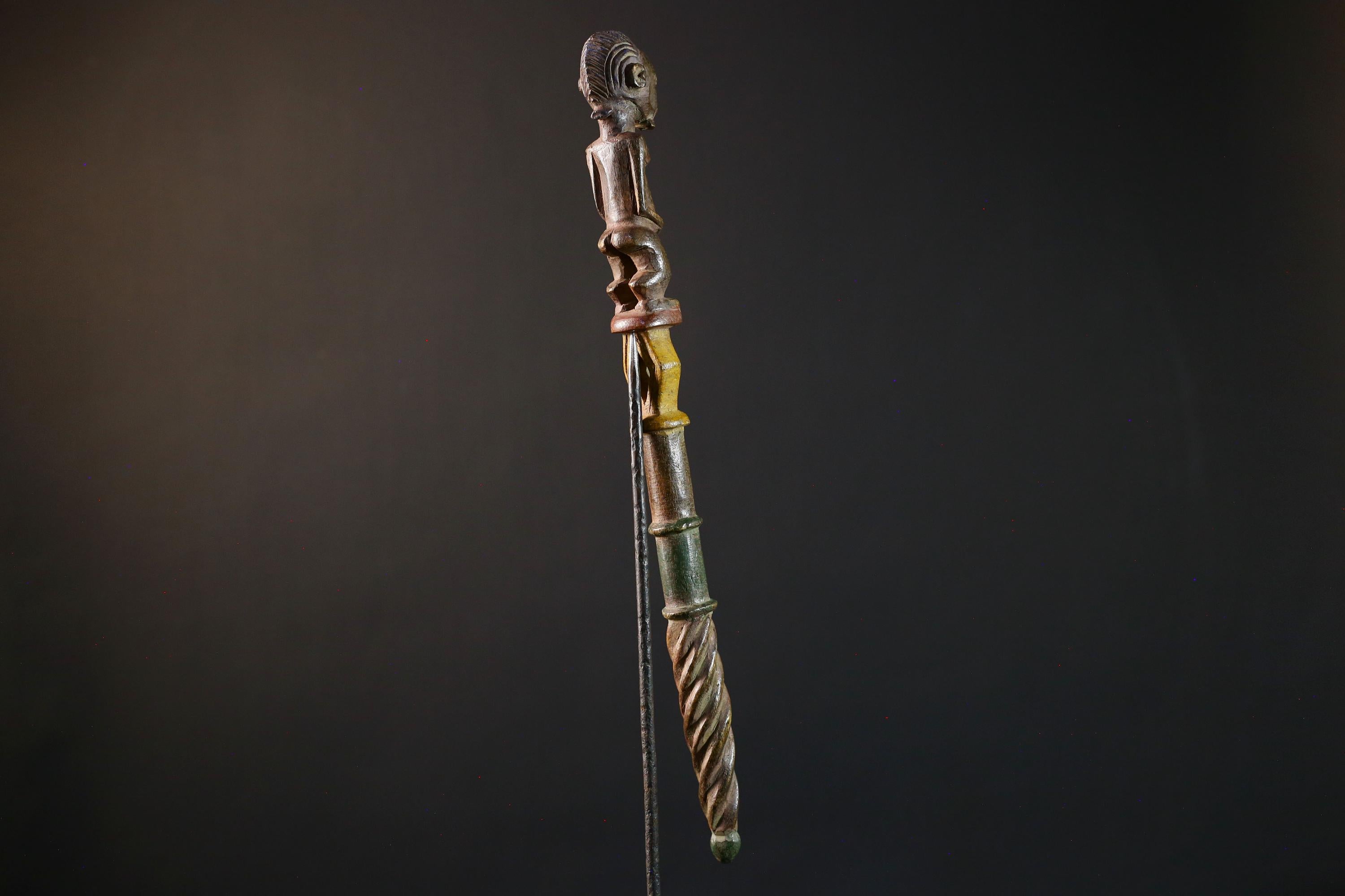African ceremonial staff carved tribal ritual decor wood sculpture ethnic symbol African figure pole African art primitive stick decor-G5376