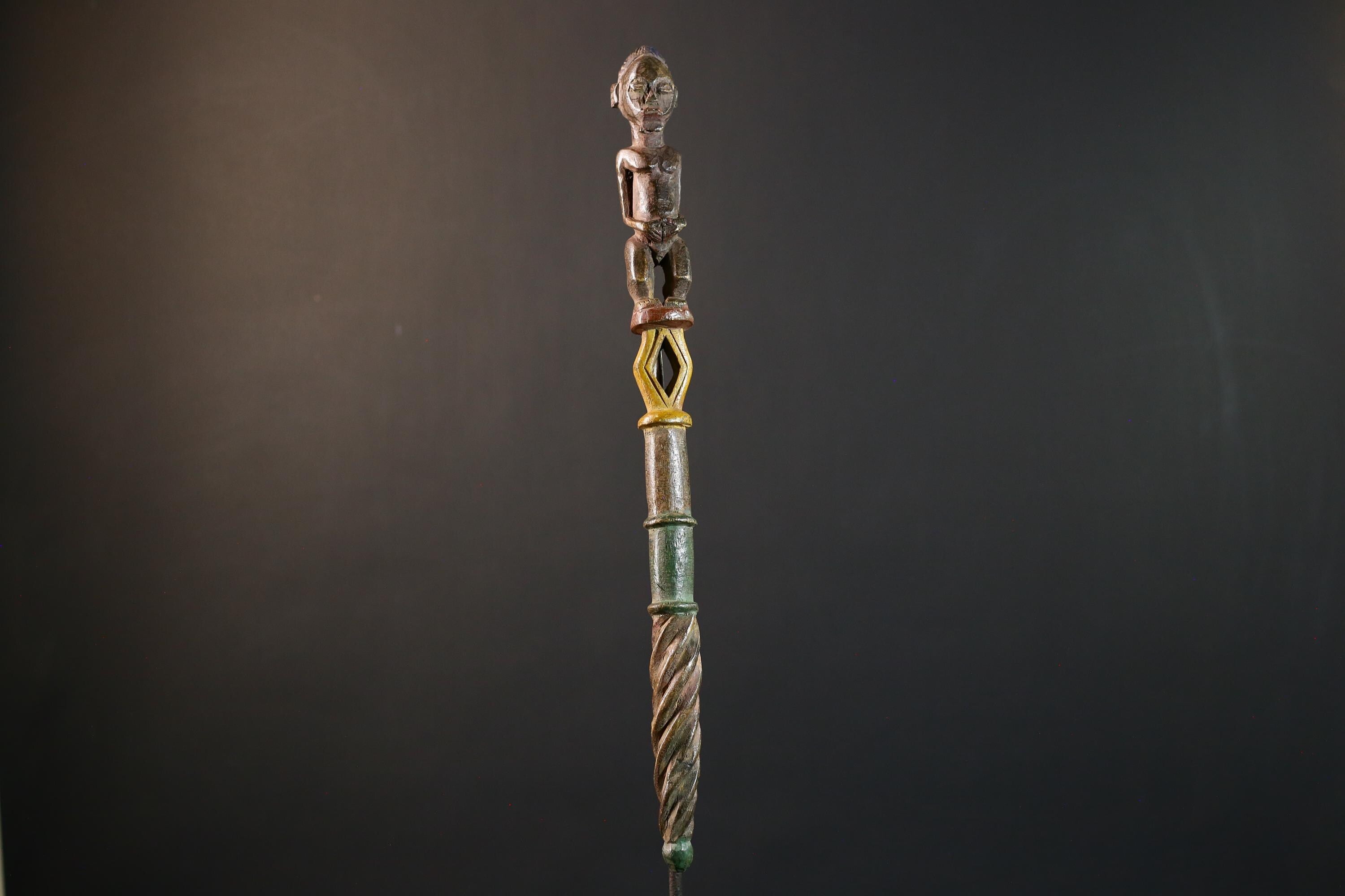 African ceremonial staff carved tribal ritual decor wood sculpture ethnic symbol African figure pole African art primitive stick decor-G5376