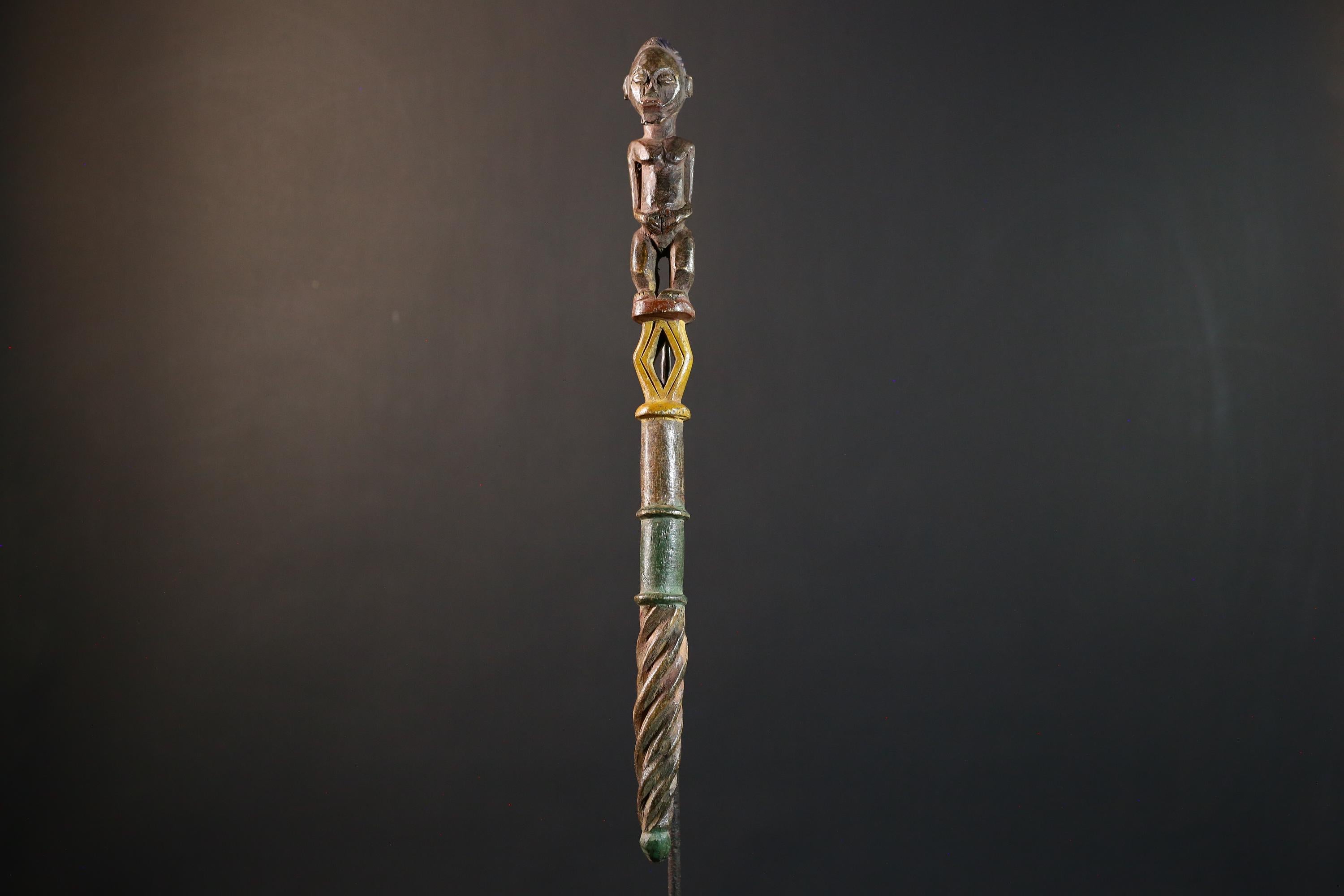 African ceremonial staff carved tribal ritual decor wood sculpture ethnic symbol African figure pole African art primitive stick decor-G5376