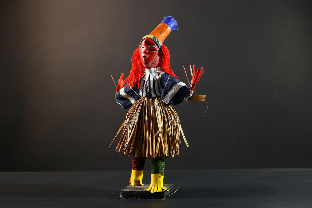 African dance doll red raffia costume tribal art handmade decor colorful figure West African festival carving cultural shelf display-G5375