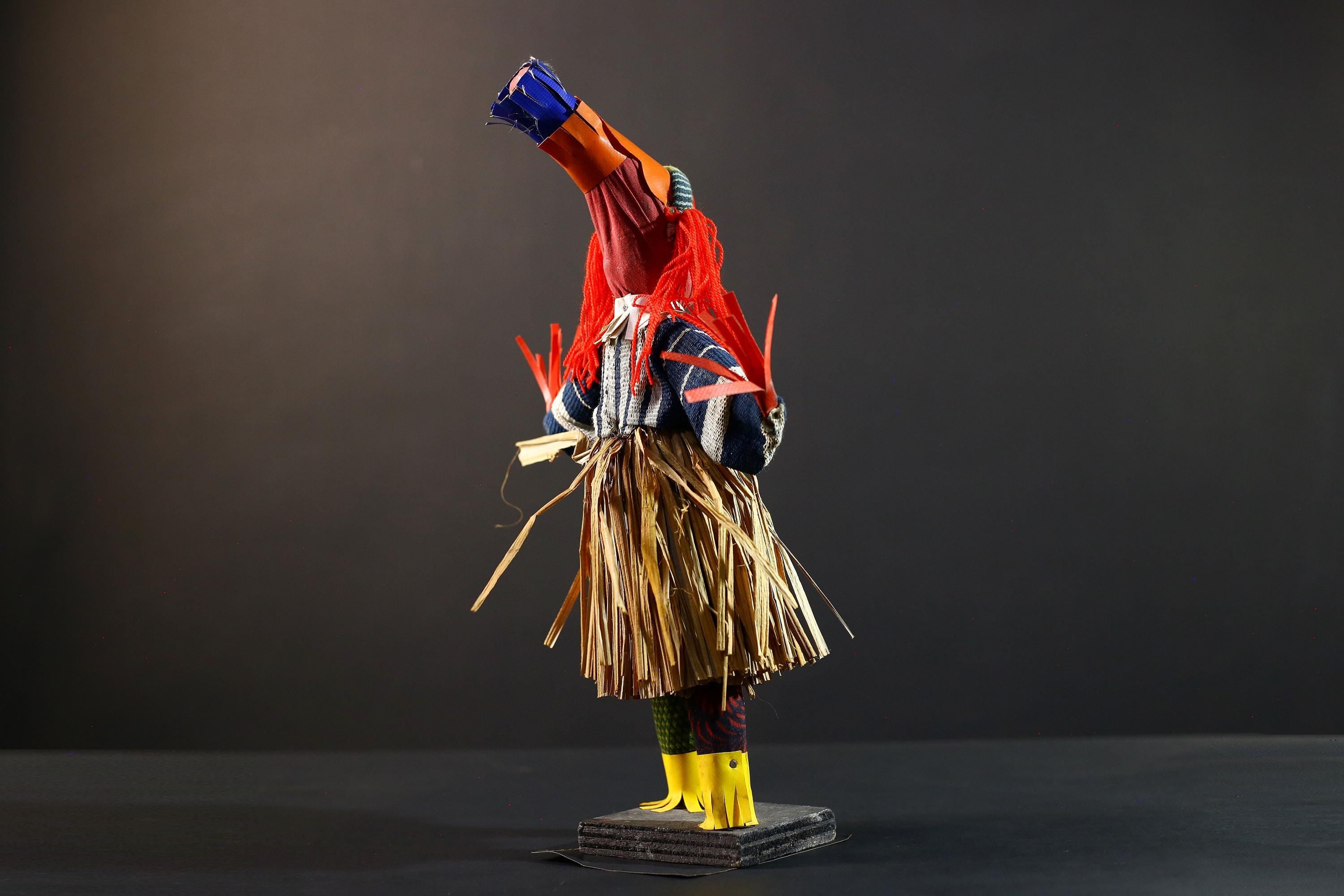 African dance doll red raffia costume tribal art handmade decor colorful figure West African festival carving cultural shelf display-G5375