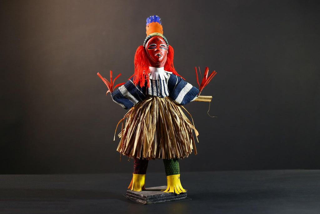 African dance doll red raffia costume tribal art handmade decor colorful figure West African festival carving cultural shelf display-G5375