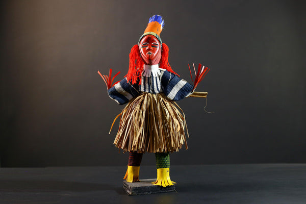 African dance doll red raffia costume tribal art handmade decor colorful figure West African festival carving cultural shelf display-G5375
