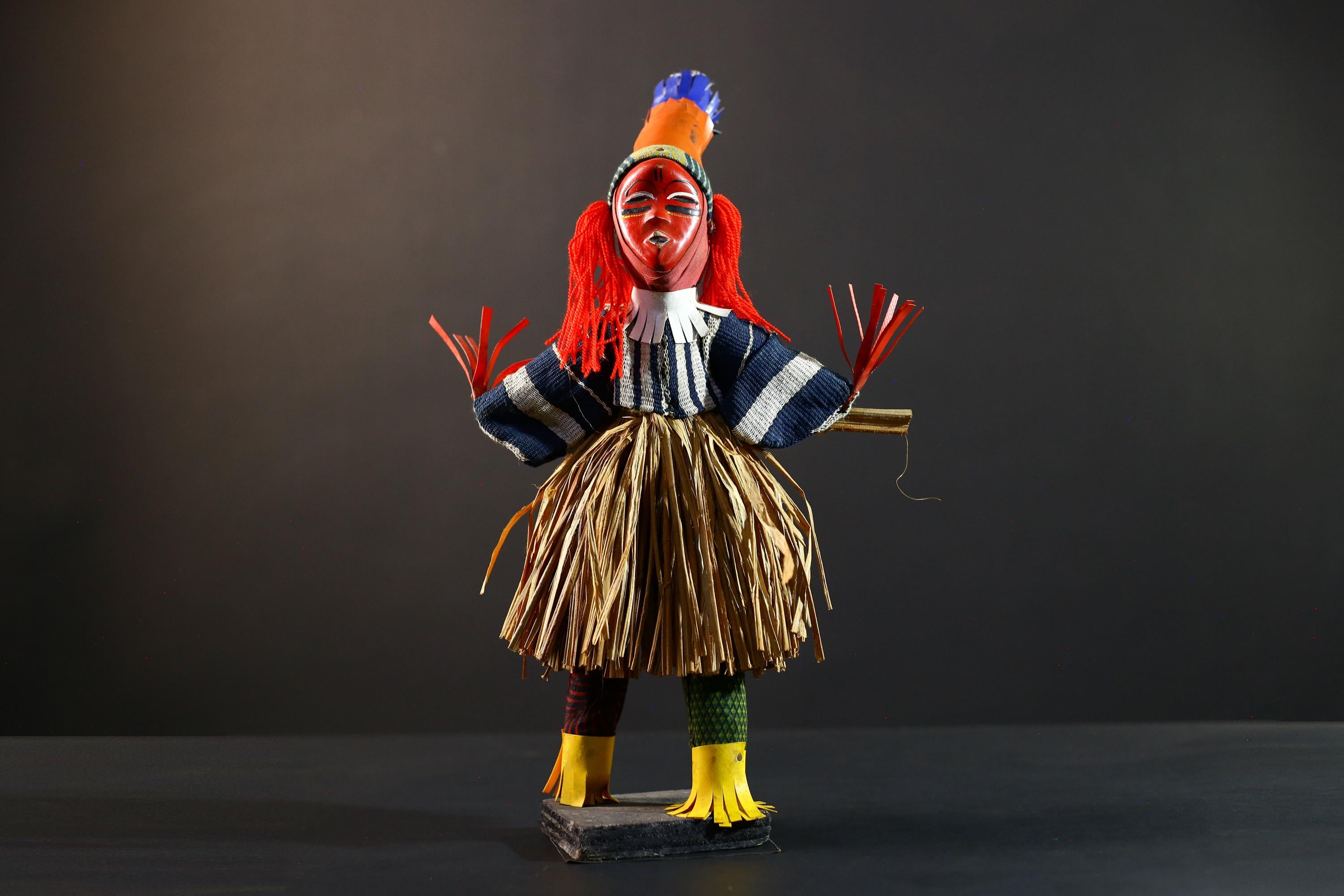 African dance doll red raffia costume tribal art handmade decor colorful figure West African festival carving cultural shelf display-G5375