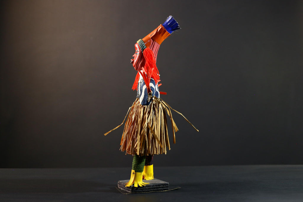 African dance doll red raffia costume tribal art handmade decor colorful figure West African festival carving cultural shelf display-G5375