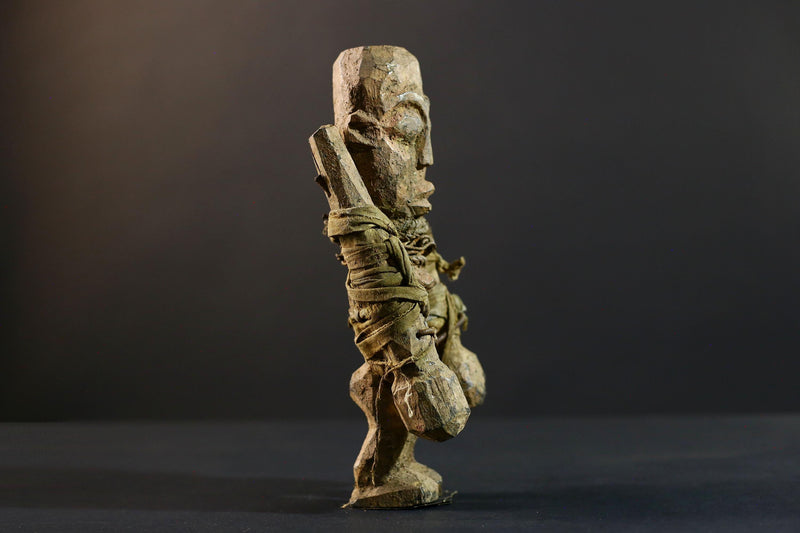 African Songye fetish figure wood sculpture power carving tribal statue ritual art Congo magic doll protection totem fiber bound decor-G5374
