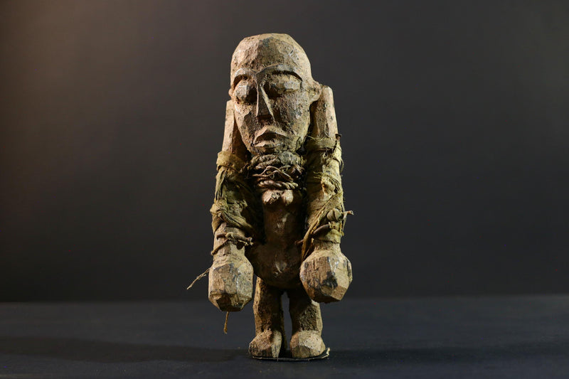 African Songye fetish figure wood sculpture power carving tribal statue ritual art Congo magic doll protection totem fiber bound decor-G5374