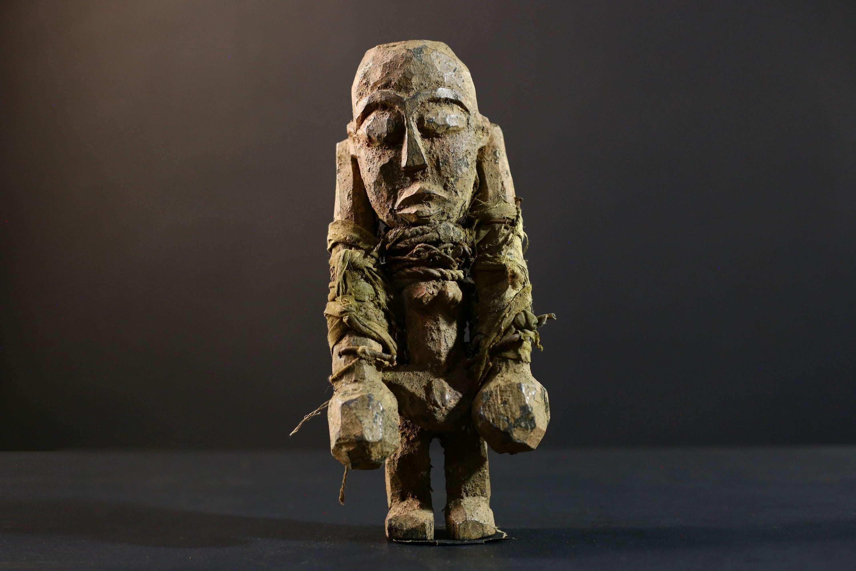 African Songye fetish figure wood sculpture power carving tribal statue ritual art Congo magic doll protection totem fiber bound decor-G5374