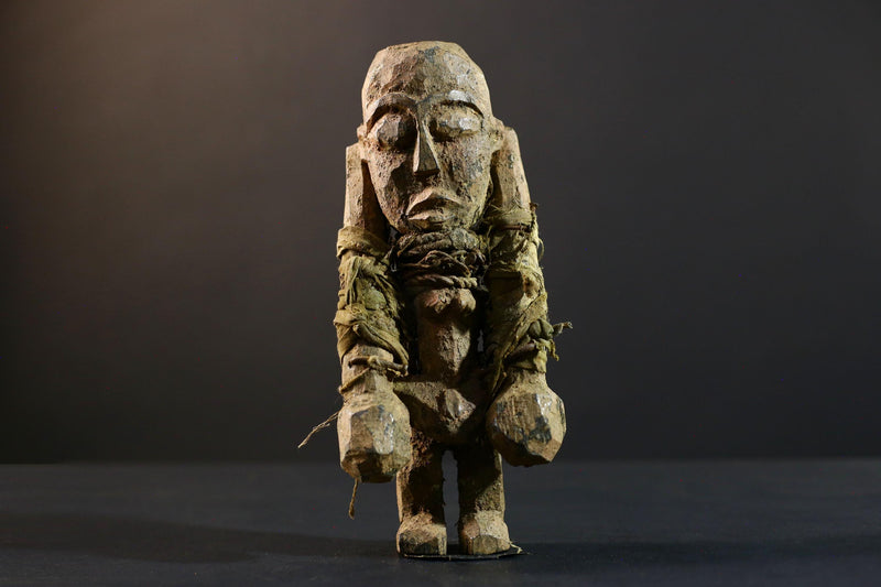 African Songye fetish figure wood sculpture power carving tribal statue ritual art Congo magic doll protection totem fiber bound decor-G5374