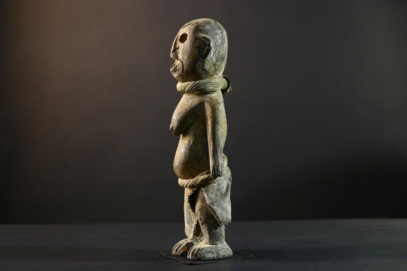 African Songye statue wood ancestor figure tribal spirit art Congo ritual carving handmade sculpture hollow eyes symbolic charm decor-G5373