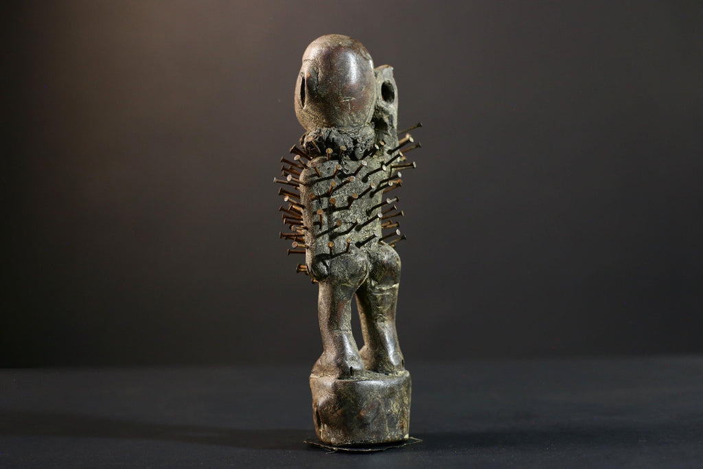 African Nkisi Nkondi power figure nailed wood sculpture tribal Congo charm protective fetish carving ritual totem symbolic nail statue-G5372