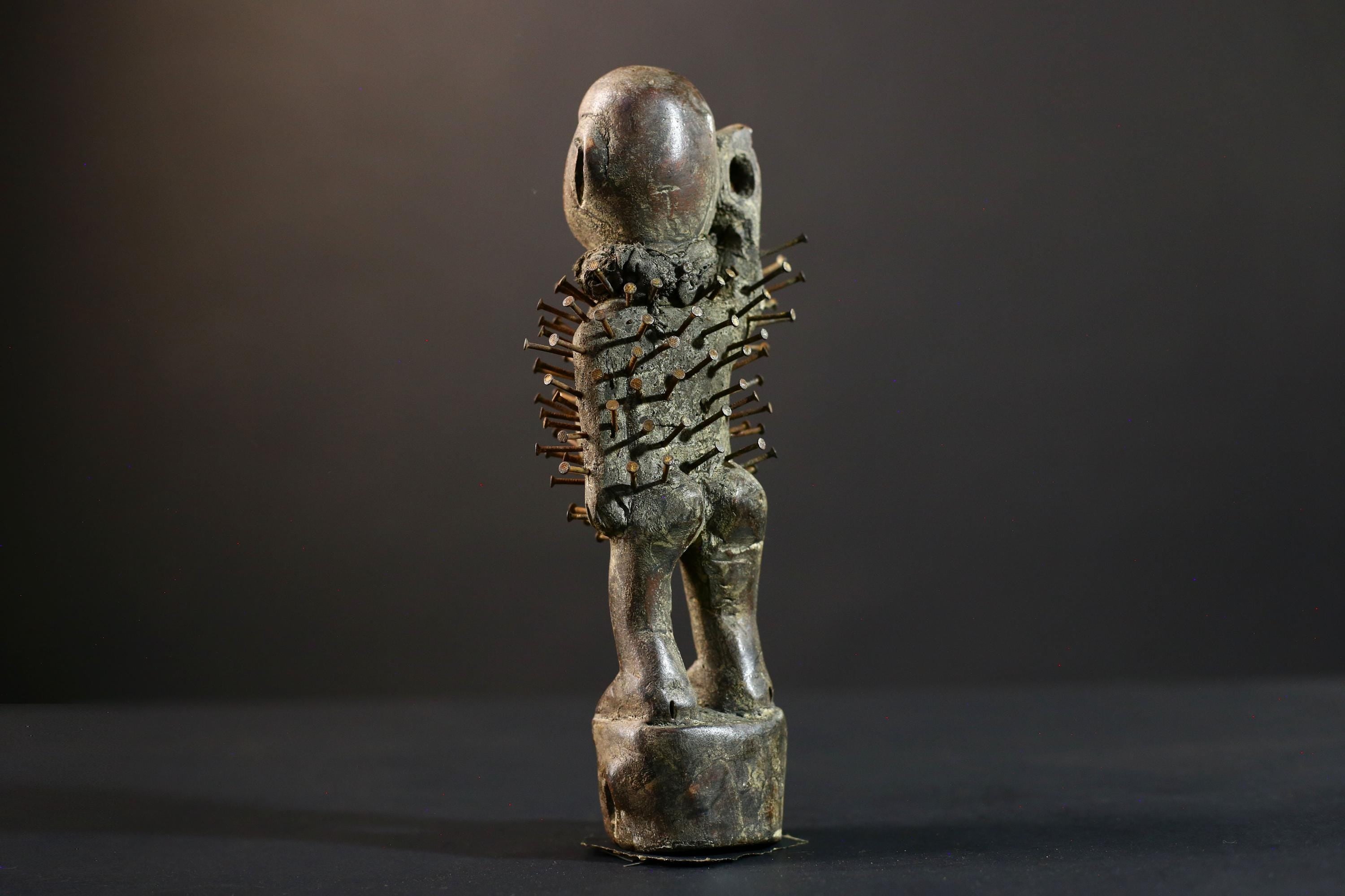 African Nkisi Nkondi power figure nailed wood sculpture tribal Congo charm protective fetish carving ritual totem symbolic nail statue-G5372