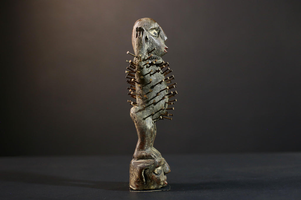 African Nkisi Nkondi power figure nailed wood sculpture tribal Congo charm protective fetish carving ritual totem symbolic nail statue-G5372