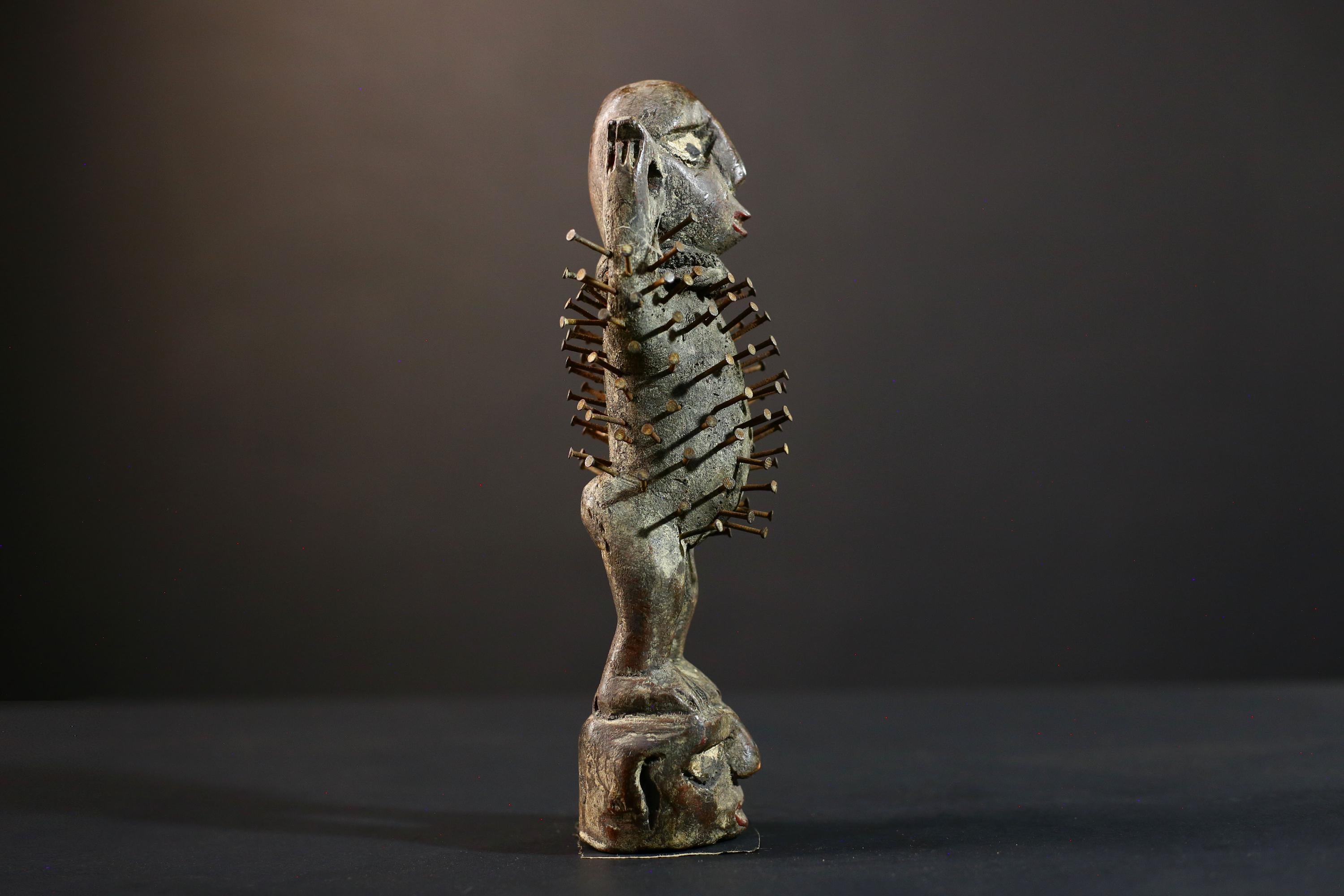 African Nkisi Nkondi power figure nailed wood sculpture tribal Congo charm protective fetish carving ritual totem symbolic nail statue-G5372