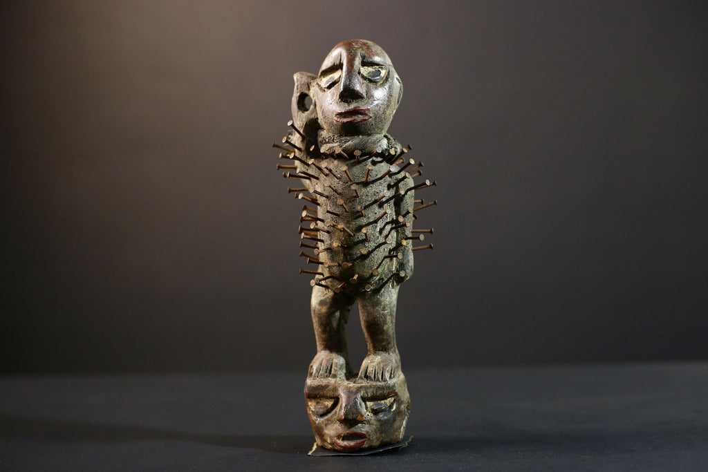 African Nkisi Nkondi power figure nailed wood sculpture tribal Congo charm protective fetish carving ritual totem symbolic nail statue-G5372
