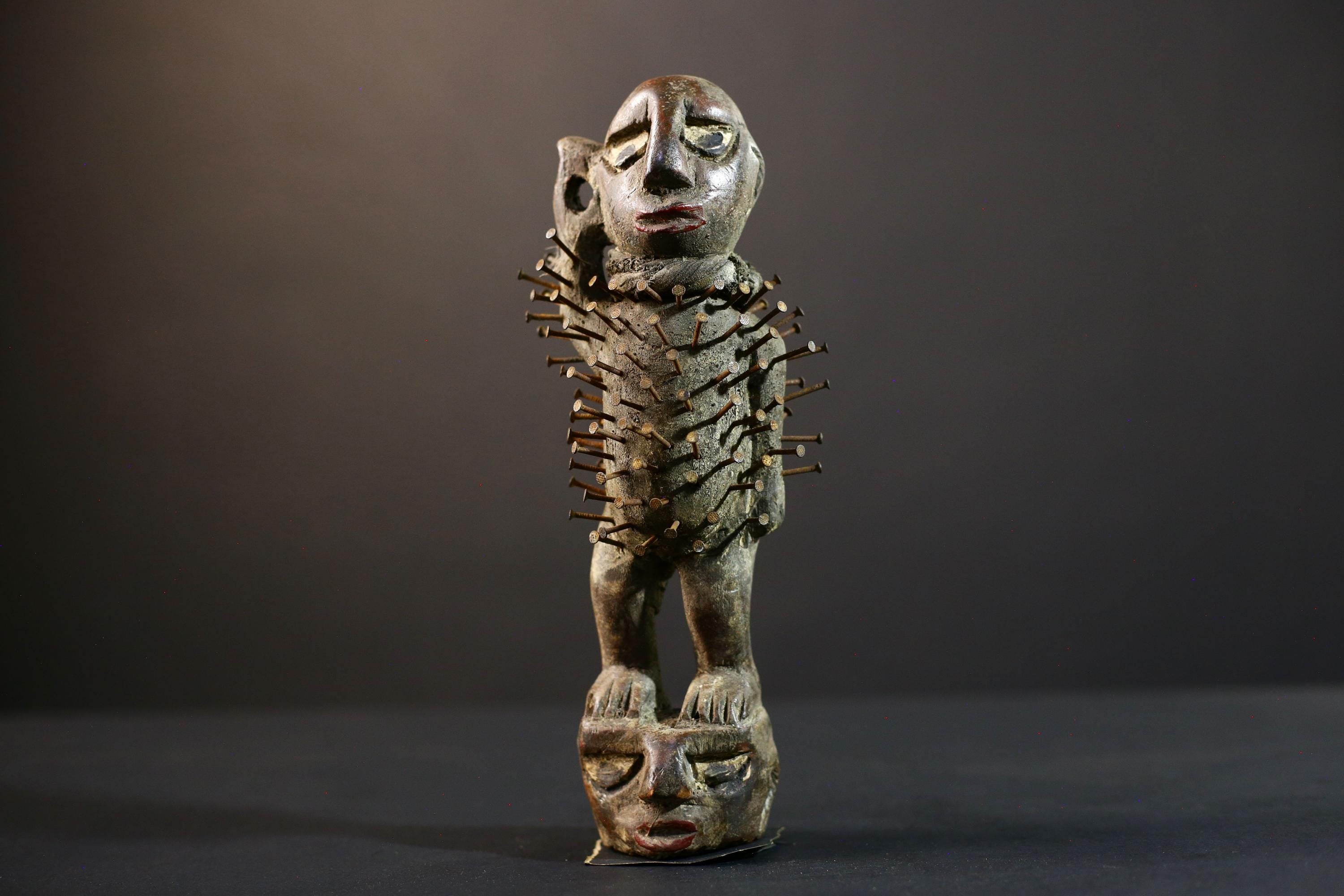 African Nkisi Nkondi power figure nailed wood sculpture tribal Congo charm protective fetish carving ritual totem symbolic nail statue-G5372