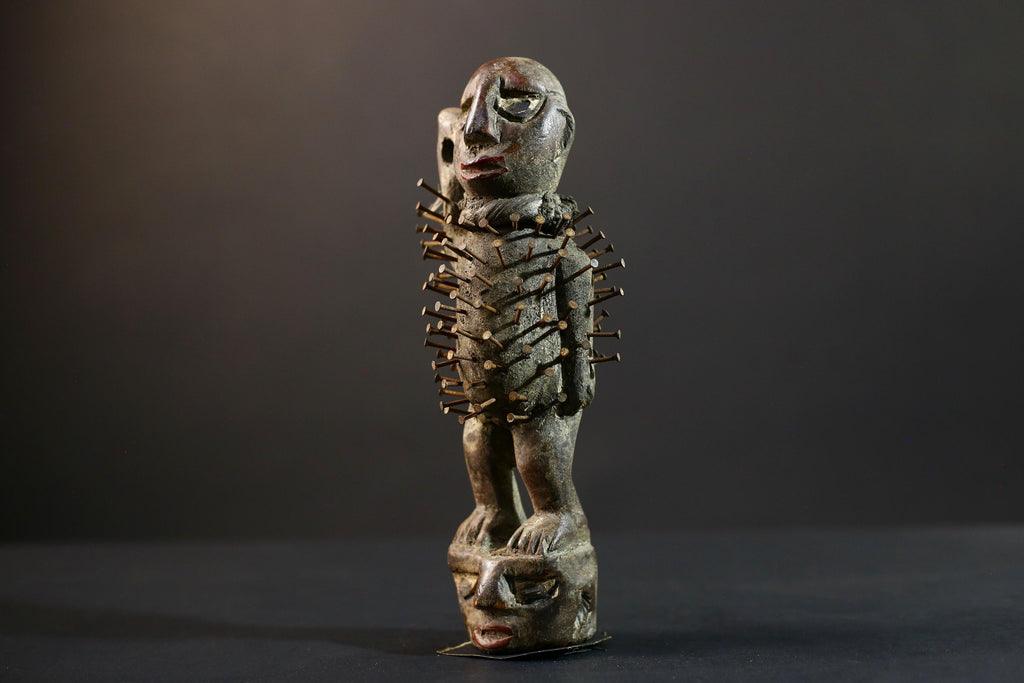 African Nkisi Nkondi power figure nailed wood sculpture tribal Congo charm protective fetish carving ritual totem symbolic nail statue-G5372